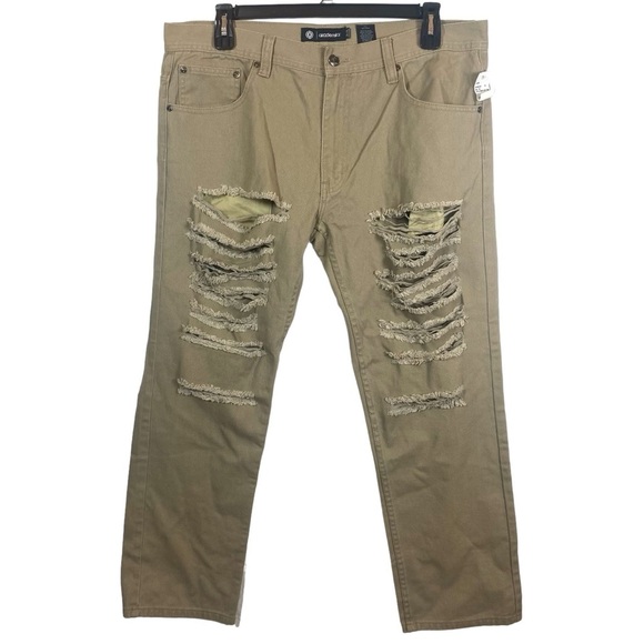 Akademiks Rip Twill Jeans Mens 38x30 Camel AKA36JN37 Punk Ript‎ Jeenz Distressed - Picture 1 of 15